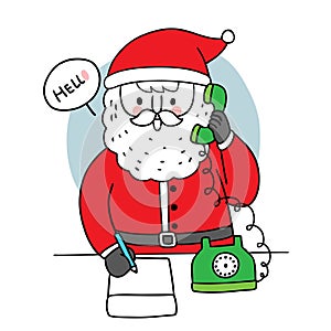 Hand draw cartoon cute Merry Christmas, Santa claus talking telephone vector.
