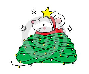 Hand draw cartoon cute Merry Christmas, Mouse and light tree Christmas vector.