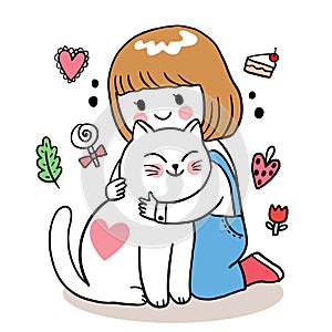 Hand draw cartoon cute Valentine day, Girl hugging cat vector.