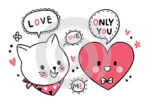 Hand draw cartoon cute Valentine day, White Cat and big heart frindship  vector.