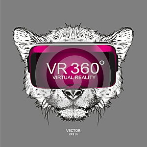 Hand draw cheetah portrait in virtual reality glasses. Hand draw vector illustration