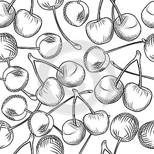 Hand draw cherries seamless pattern on a white background. Engraving style