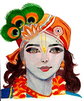 Hand draw colourful drawing of Lord Krishna