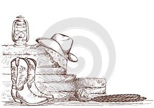 Hand draw cowboy background with western boots and west hat in r