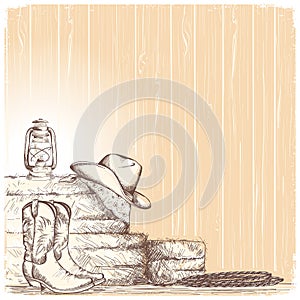 Hand draw cowboy background with western boots and west hat in r