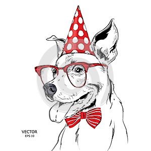 Hand draw dog in a celebratory cap. Vector illustration