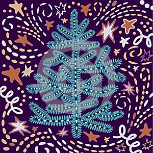 Hand draw doodle christmas tree on bright ornamental background