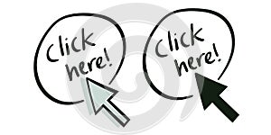 hand-draw doodle click here with cursor pointer vector