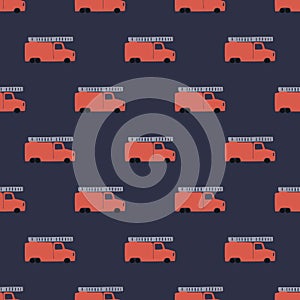 Hand Draw A Fire Truck Seamless Pattern. Vector Boyish Background in Scandinavian Style