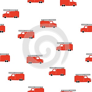 Hand Draw A Fire Truck Seamless Pattern. Vector Boyish Background in Scandinavian Style