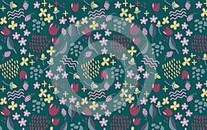 Hand draw flower and geometric elements pattern with daisy, tulip and wild strawberrys in forest or sylvan concept. Green