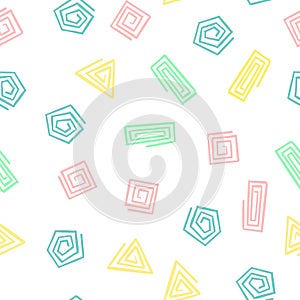 Hand Draw Geometric Shapes Spiral Seamless Pattern. Vector Endless Background of Triangles, Squares, Circles