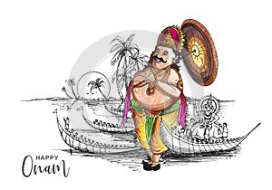 Hand draw happy onam festival of south india on card holiday sketch design