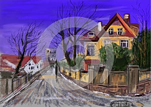 Hand draw house sunset