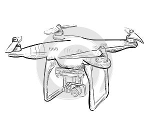 Hand draw illustration aerial vehicle quadrocopter. Air drone hovering. Drone sketch