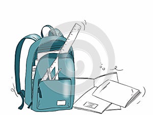 Hand draw illustration of a school bag with stationery objects