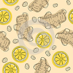 Hand draw ingredient for warming tea. Whole and sliced ginger roots with lemon. Vector seamless pattern