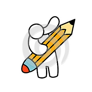 Hand draw little man with pencil vector cartoon illustration isolated white. Character business icon drawing concept. People