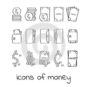 Hand draw money icons. Collection of linear signs of dollars and cents.