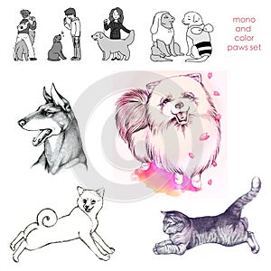 Hand draw mono and color set of pets