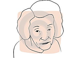 Hand-draw outline portrait of old woman with light beige sample color