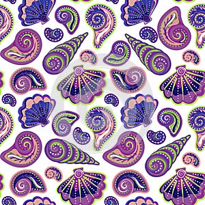 Hand draw sea shells pattern. Seamless texture with hand painted oceanic life objects. Vector summer background photo