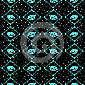 Hand draw seamless pattern of the All seeing eye, stars, rhombuses background. Religion philosophy, spirituality, occultism,