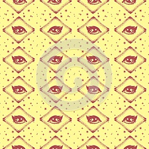 Hand draw seamless pattern of the All seeing eye, stars, rhombuses background. Religion philosophy, spirituality, occultism,