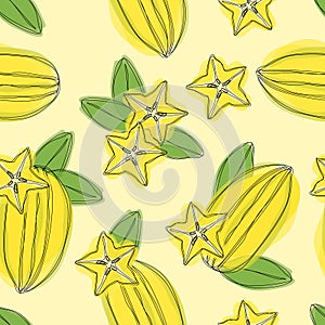 Hand draw seamless pettern with star fruit carambola on yellow background.