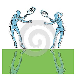 Hand draw silhouette of tennis player couple photo