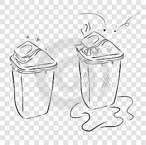 Hand Draw Sketch of 2 trash bin, plastic modern clean and dirty at transparent effect background
