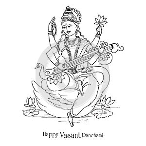 Hand draw sketch indian god saraswati maa on vasant panchami card design