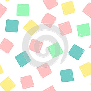 Hand Draw Squares Pattern Kids Blue, Pink, Mint, Yellow. Vector Endless Background pencil Texture of squares