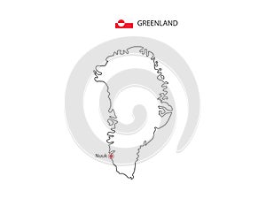 Hand draw thin black line vector of Greenland Map with capital city Nuuk