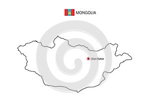 Hand draw thin black line vector of Mongolia Map with capital city Ulan Bator
