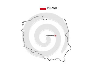 Hand draw thin black line vector of Poland Map with capital city Warszawa
