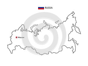 Hand draw thin black line vector of Russia Map with capital city Moscow