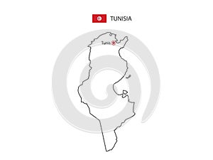Hand draw thin black line vector of Tunisia Map with capital city Tunis