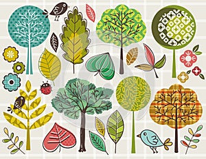 Hand draw trees and leafs over checked background