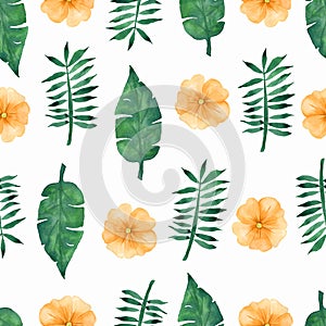 Hand draw tropical yellow flowers and green leaves pattern on white background