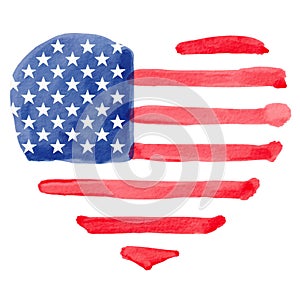 Hand draw USA flag in heart shape watercolor brush paint isolate on white background. Vector illustration