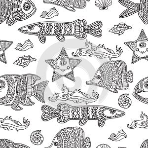 Hand draw vector seamless pattern ornament fishes.