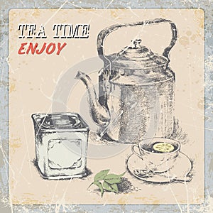 Hand draw vintage label tea. old kettle a cup a box of tea, tea leaves