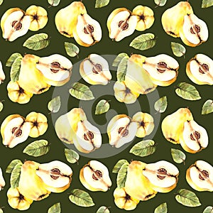 Hand draw watercolor illustration yellow quince whole and cut fruit with leaves. Seamless pattern
