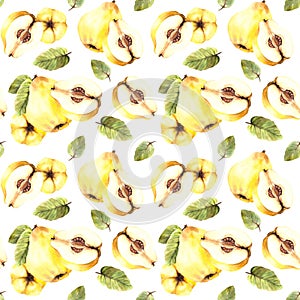 Hand draw watercolor illustration yellow quince whole and cut fruit with leaves. Seamless pattern