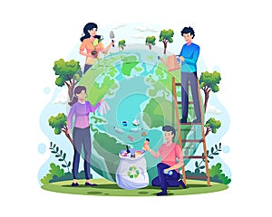 Hand Draw World Environment Day concept with People taking care of the earth. Save the planet, save energy. Earth Day concept