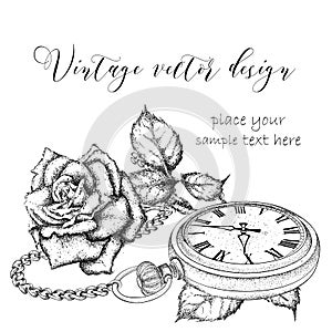 Hand drawi vintage postcard. A pocket watch on a chain and flowers. Vector illustration