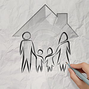 Hand drawing 3d house wtih family icon