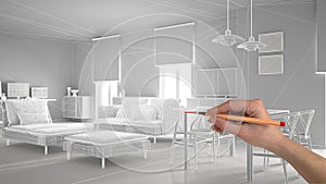 Hand drawing abstract architecture interior design project, modern living room, wireframe highpoly mesh construction, white backgr