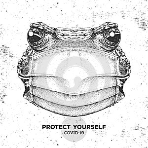 Hand drawing Animal frog wearing face medical mask. Covid-19 protection methods. Coronavirus Quarantine Warning.